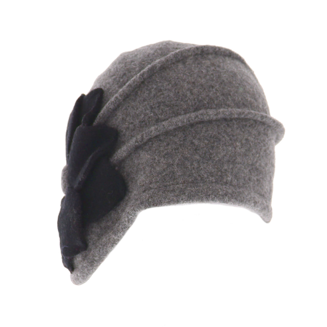 Grey Asymmetric Wool Flower Pull On Cloche Hat