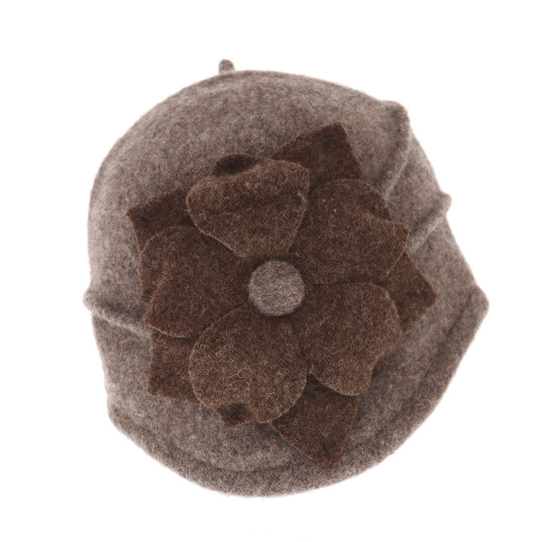 Taupe Asymmetric Wool Flower Pull On Cloche Hat
