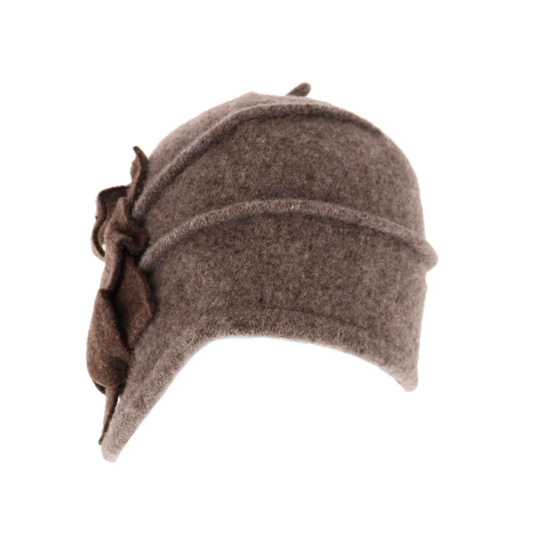 Taupe Asymmetric Wool Flower Pull On Cloche Hat