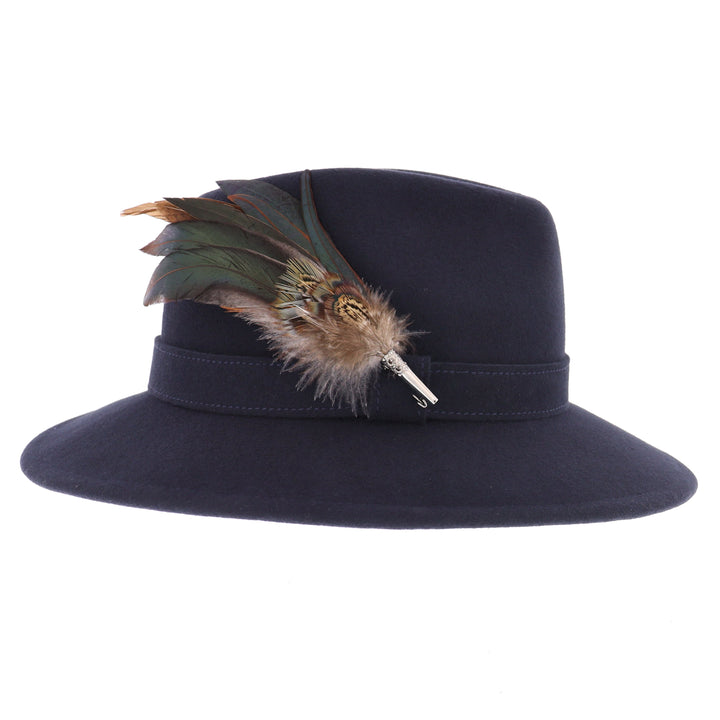 Whiteley Women's Wool Fedora With Feather in Navy