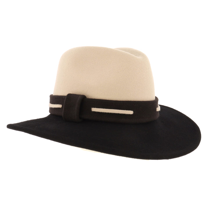 Ladies 100% Wool Contrasting Coloured Fedora (Oatmeal/Black)