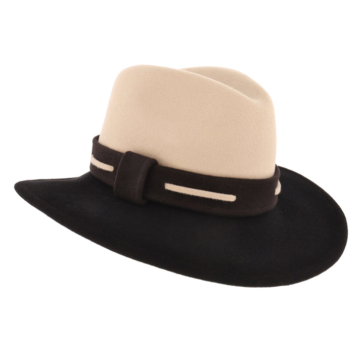Ladies 100% Wool Contrasting Coloured Fedora (Oatmeal/Black)