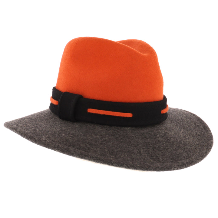 Ladies 100% Wool Contrasting Coloured Fedora (Pumpkin/Charcoal)
