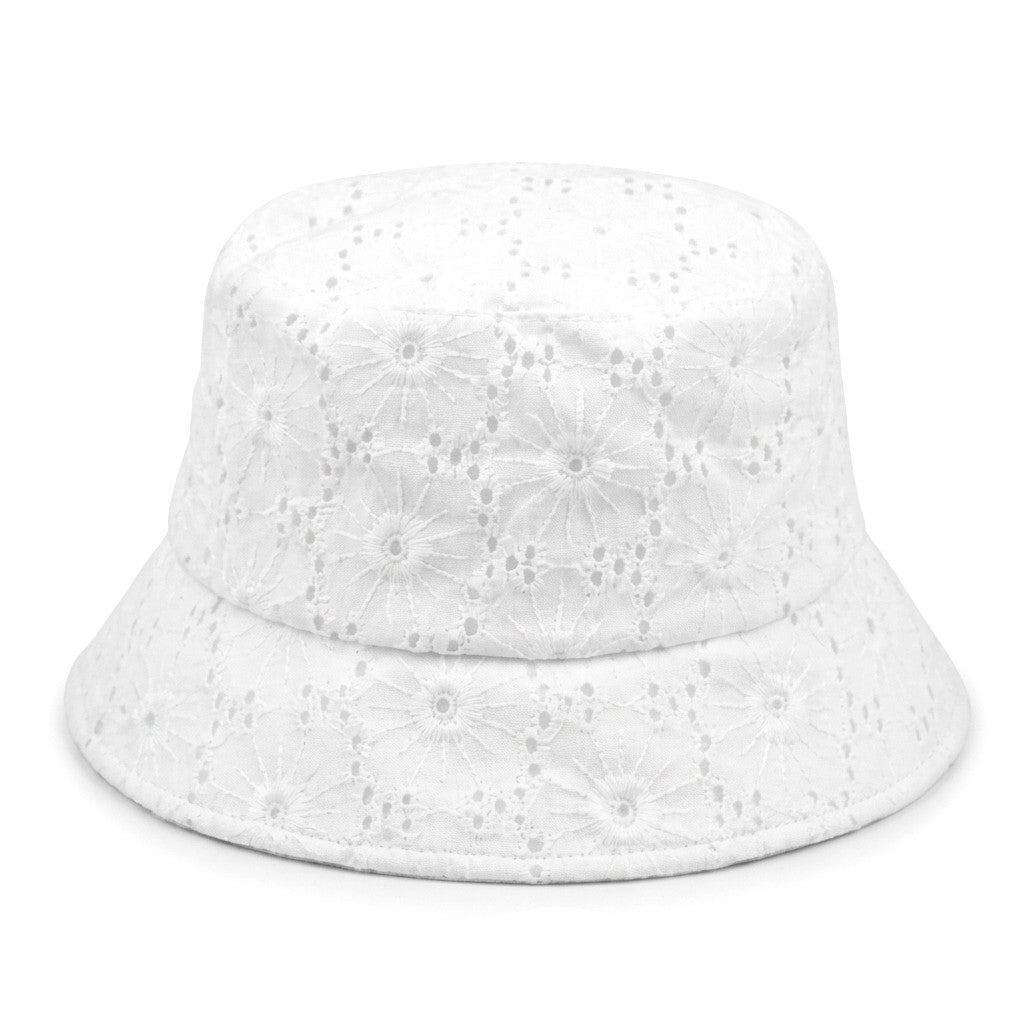 White Broderie Bucket Hat With Bow Detail