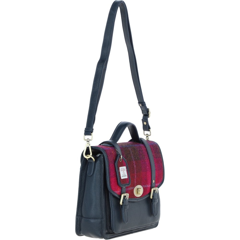Leather & Harris Tweed Large Satchel (Navy/Pink)