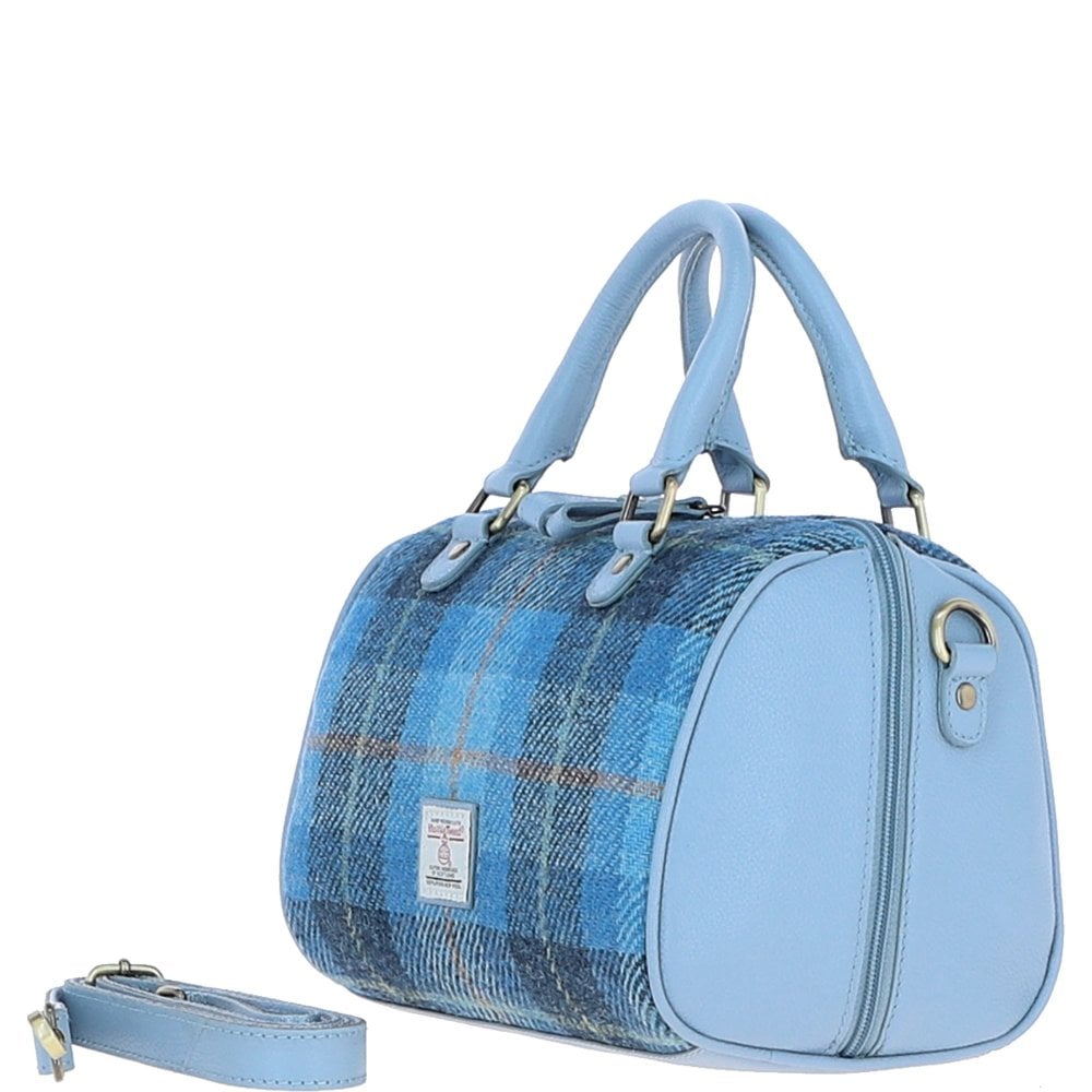 Leather & Harris Tweed Medium Barrel Bag (Light Blue)