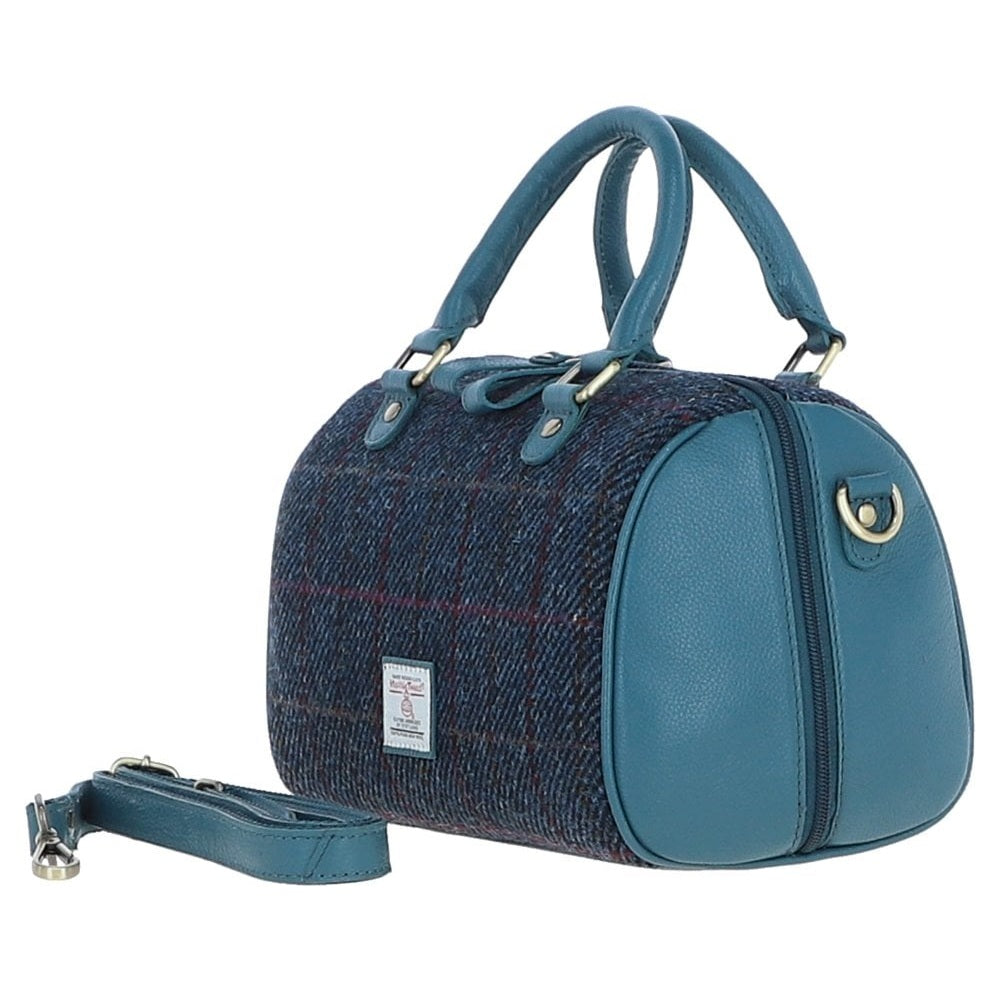 Leather & Harris Tweed Medium Barrel Bag (Teal)