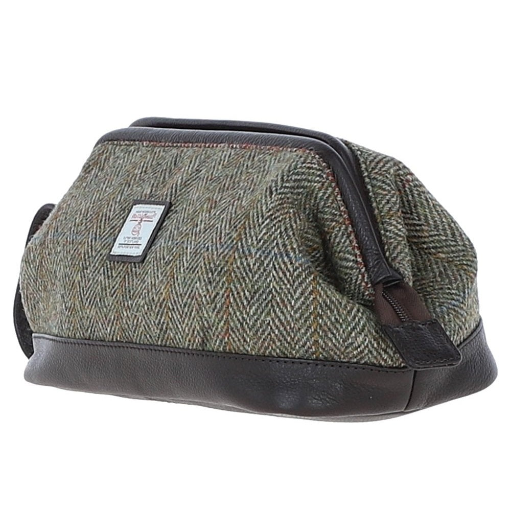 Leather & Harris Tweed Washbag (Brown/Green)