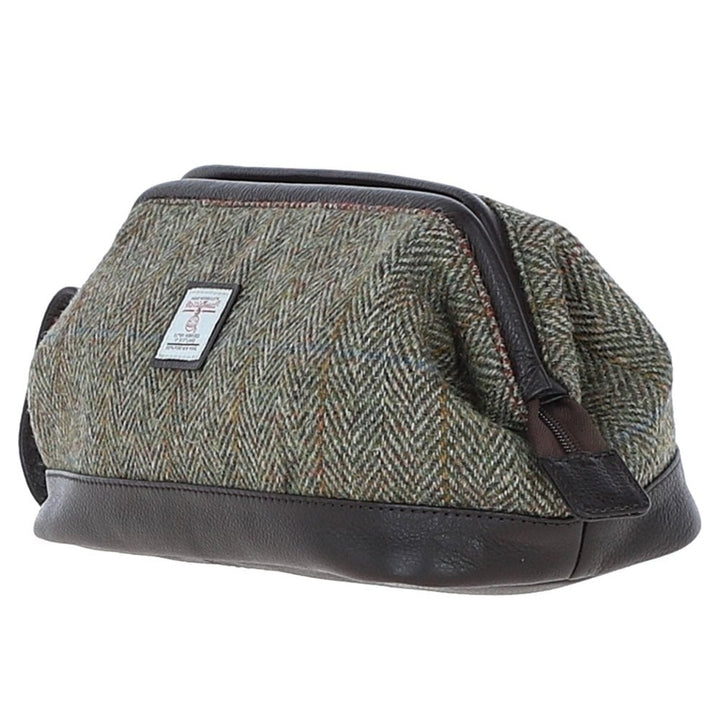 Leather & Harris Tweed Washbag (Brown/Green)