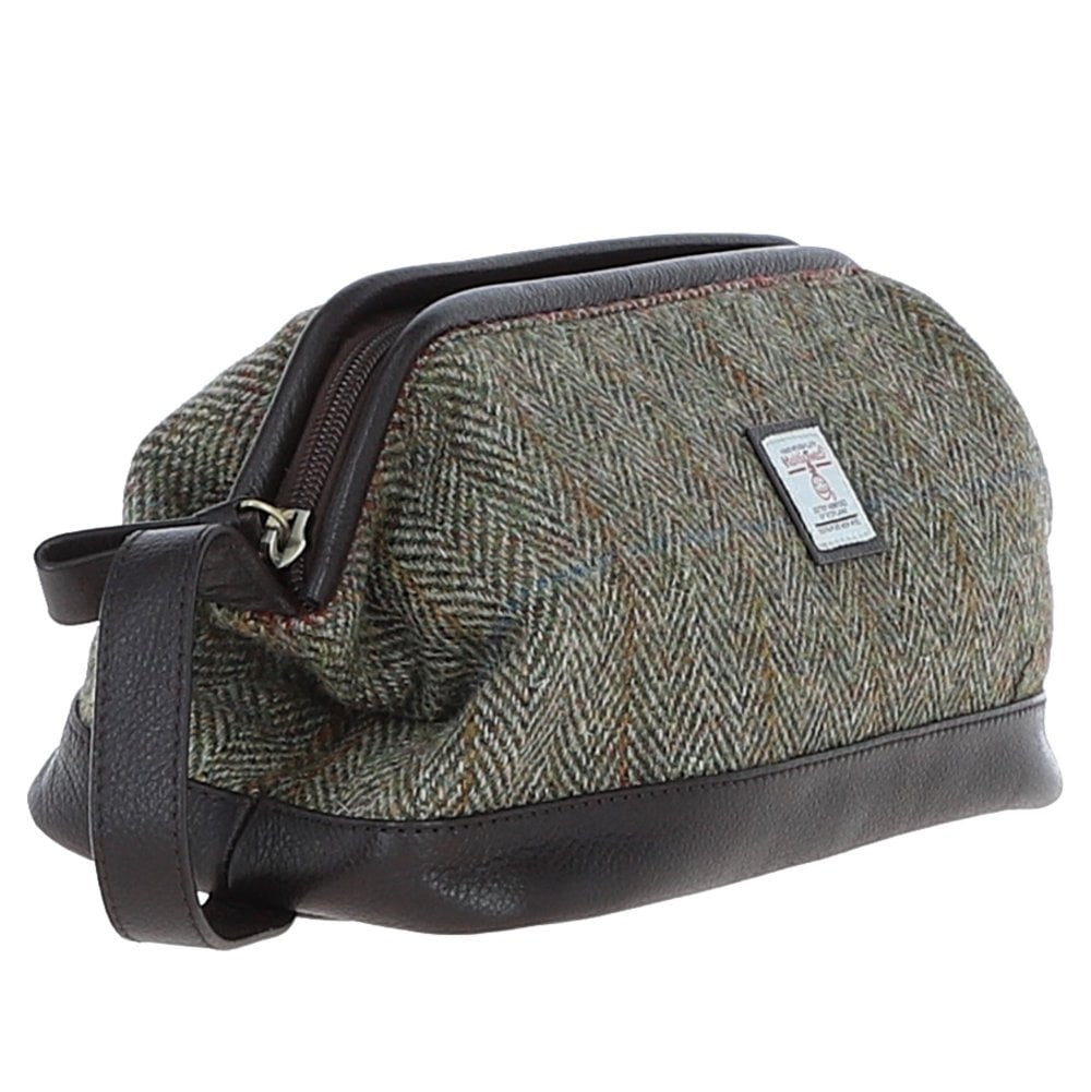 Leather & Harris Tweed Washbag (Brown/Green)