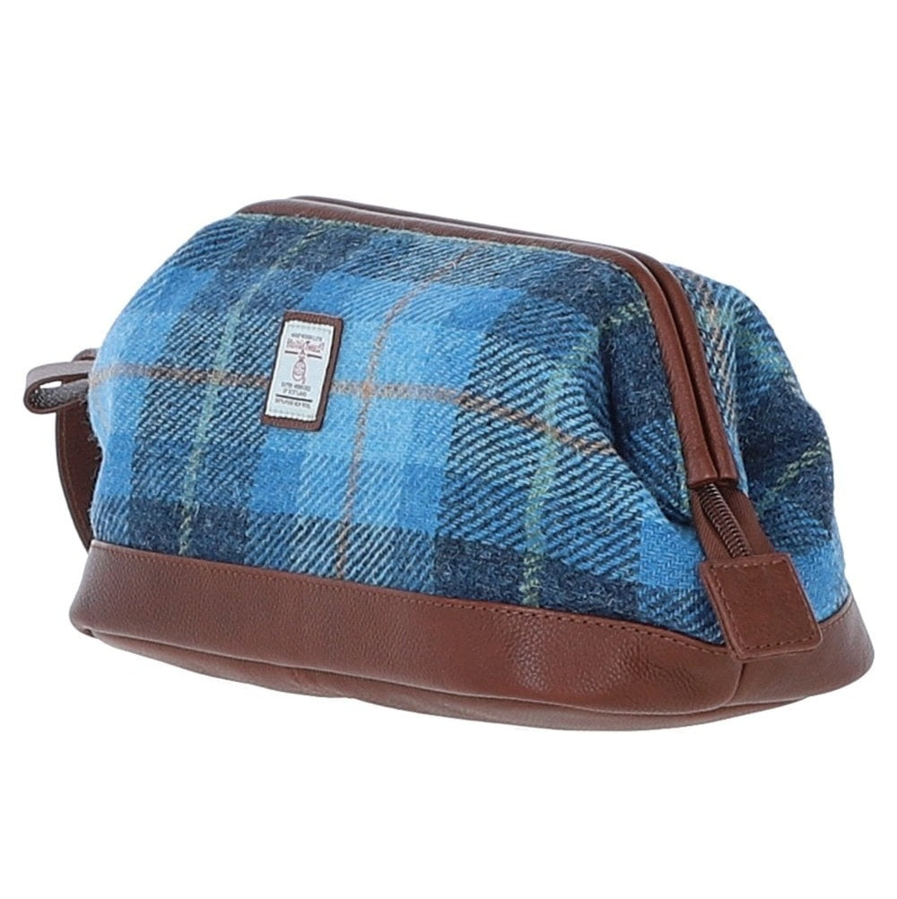 Leather & Harris Tweed Washbag (Tan/Blue)