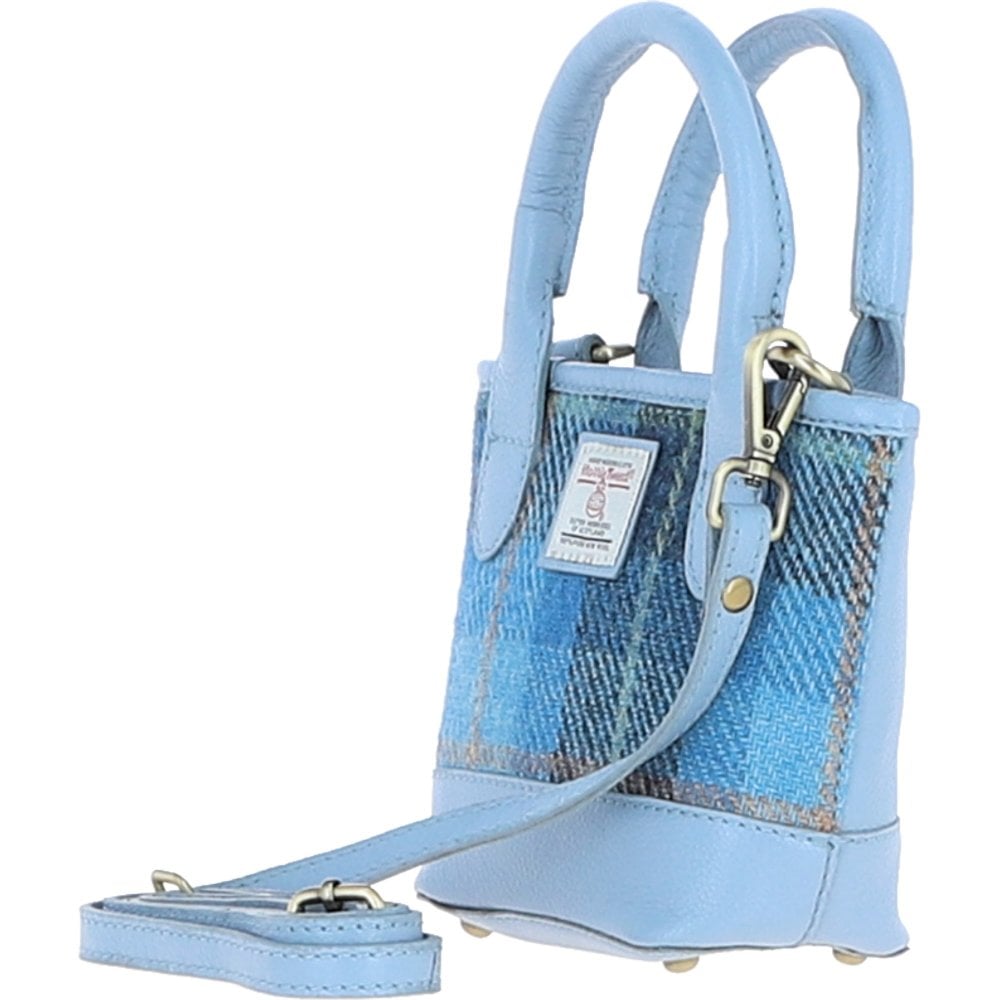 Leather & Harris Tweed Small Tote Handbag (Light Blue)