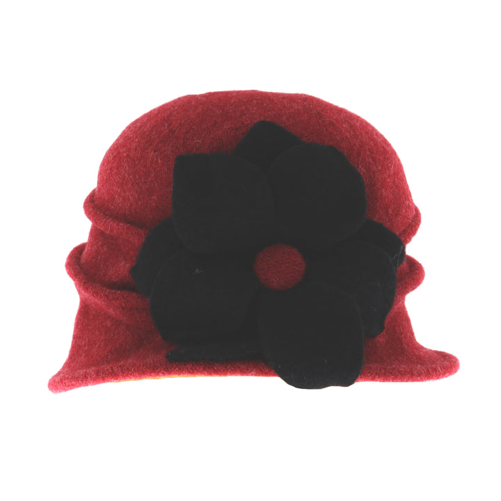 Berry Red Pure New Wool Flower Pull On Cloche Hat