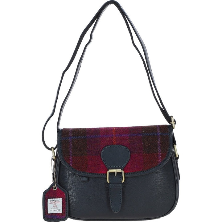 Leather & Harris Tweed Saddle Handbag (Navy/Pink)