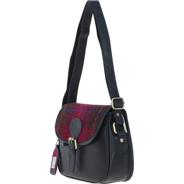 Leather & Harris Tweed Saddle Handbag (Navy/Pink)