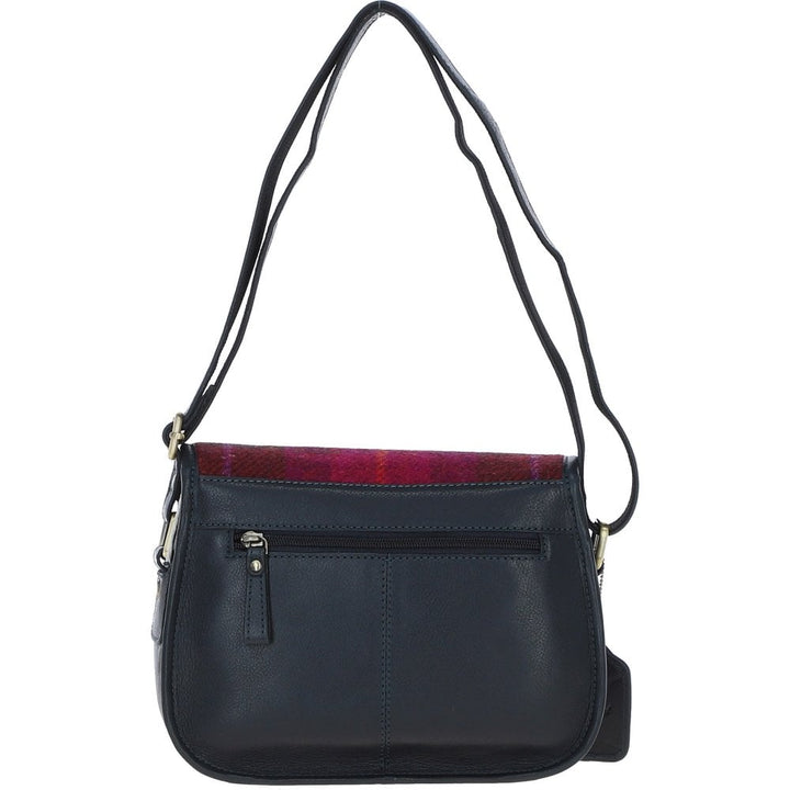 Leather & Harris Tweed Saddle Handbag (Navy/Pink)