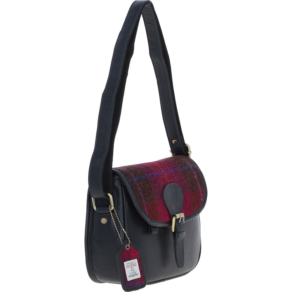 Leather & Harris Tweed Saddle Handbag (Navy/Pink)