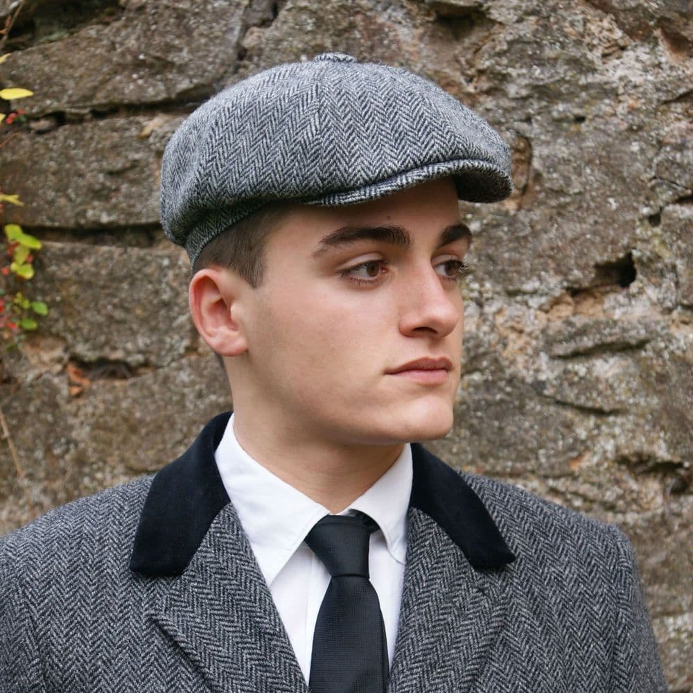 Glen Appin Harris Tweed Wool Shelby Bakerboy Cap Grey Herringbone