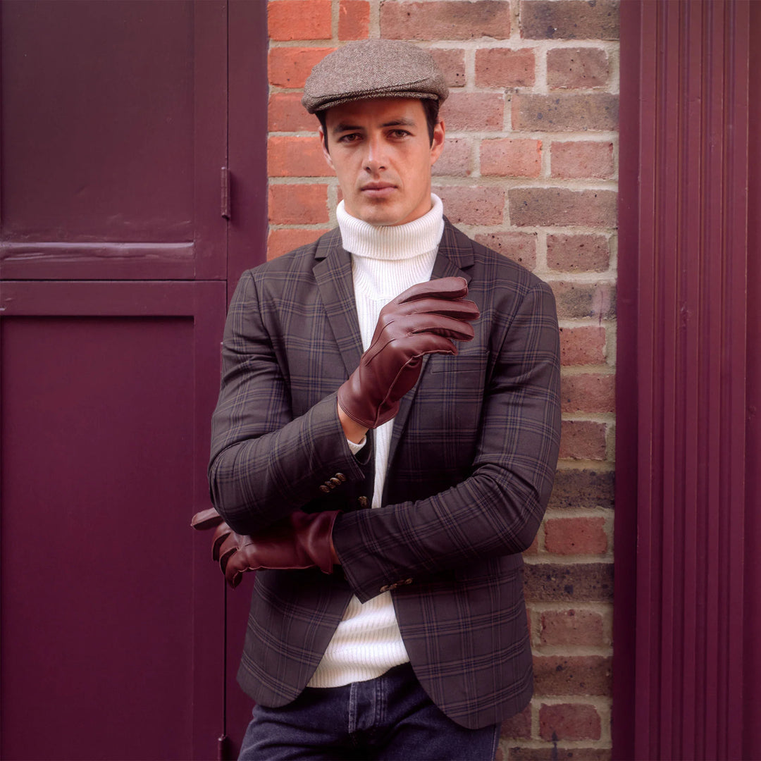 Dents Wool Herringbone Flat Cap - Chocolate