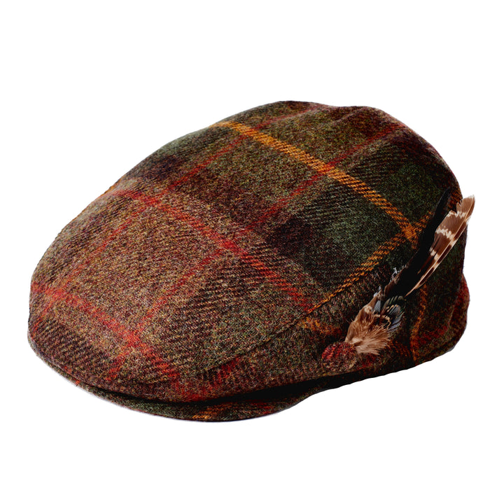 Failsworth Ladies Country Flat Cap With Feather In Green Tweed