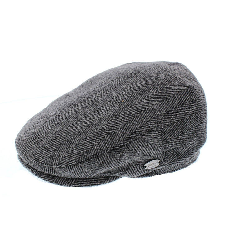 Whiteley Herringbone Earflap Flat Cap In Charcoal Grey