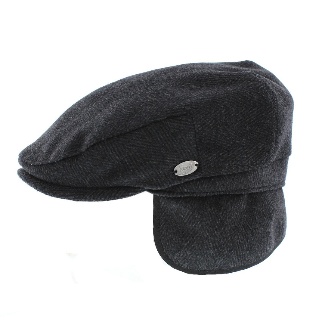 Whiteley Herringbone Earflap Flat Cap In Black