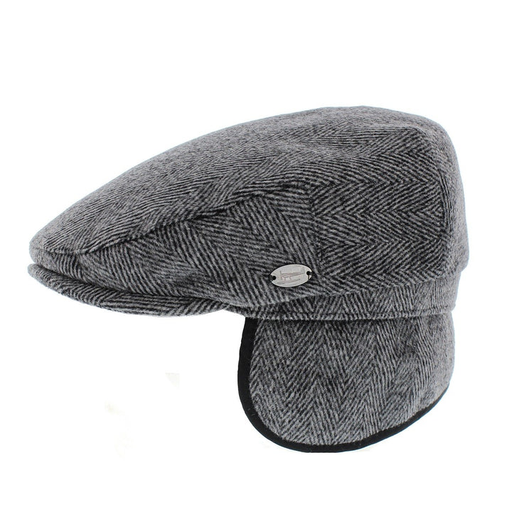 Whiteley Herringbone Earflap Flat Cap In Charcoal Grey