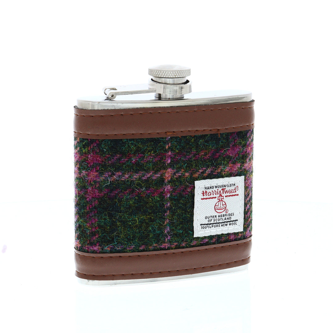 Glen Appin Harris Tweed Hip Flask - Green/Pink Tweed