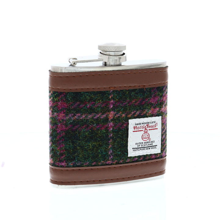 Glen Appin Harris Tweed Hip Flask - Green/Pink Tweed