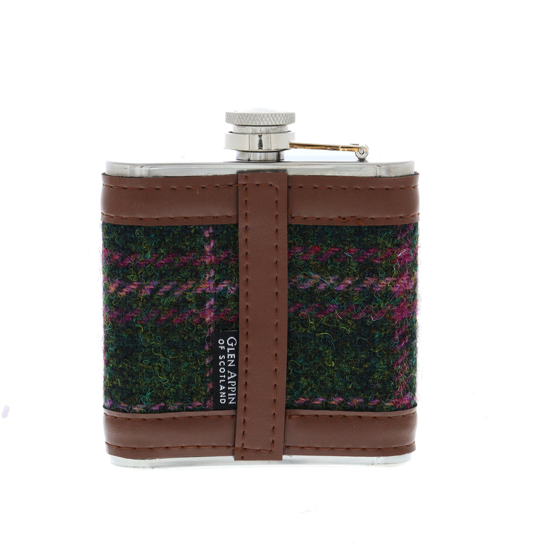 Glen Appin Harris Tweed Hip Flask - Green/Pink Tweed