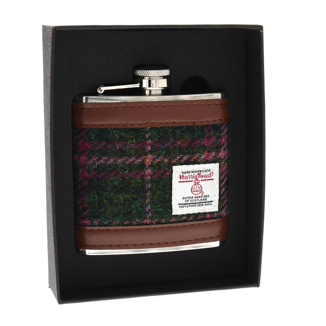 Glen Appin Harris Tweed Hip Flask - Green/Pink Tweed