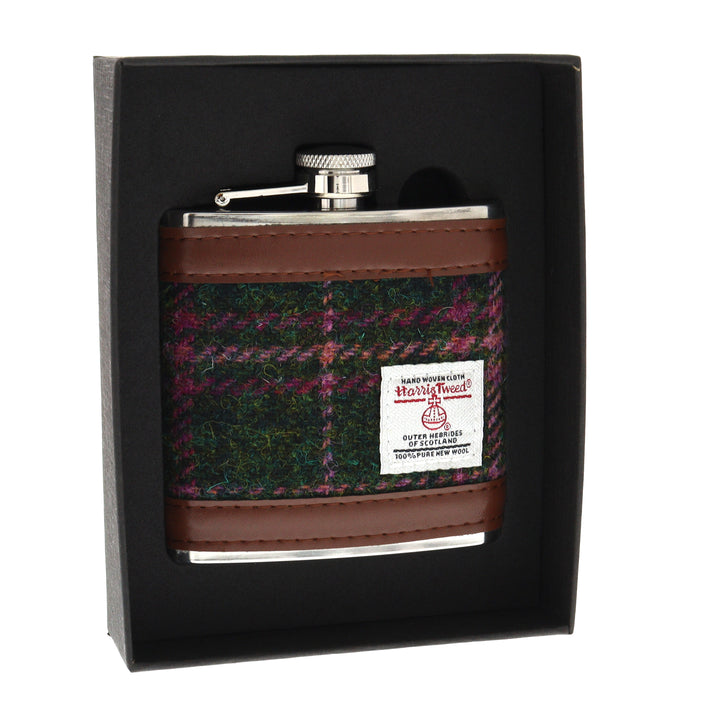 Glen Appin Harris Tweed Hip Flask - Green/Pink Tweed