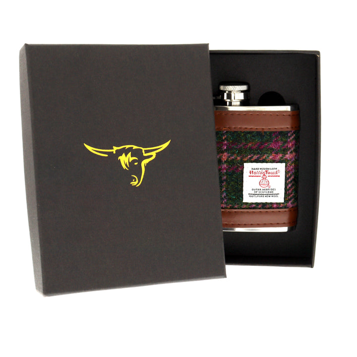 Glen Appin Harris Tweed Hip Flask - Green/Pink Tweed