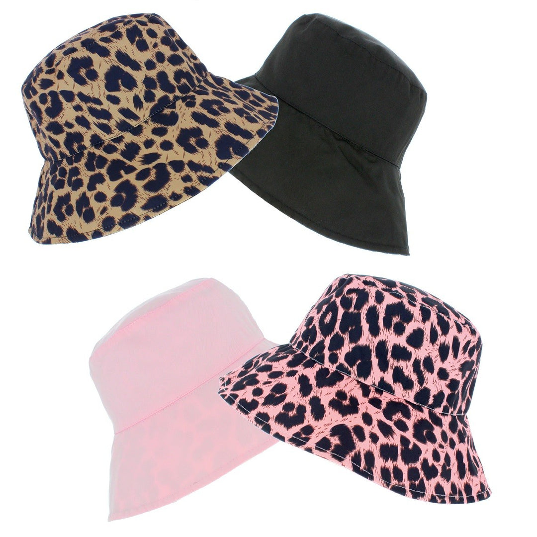 Ladies Wide Brim Reversible Leopard Print Bucket Hat (A1585)