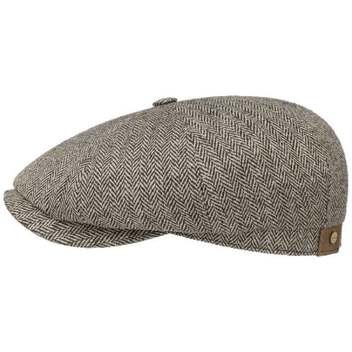 Stetson 100% Silk Hatteras Bakerboy Cap In Black & Cream Herringbone