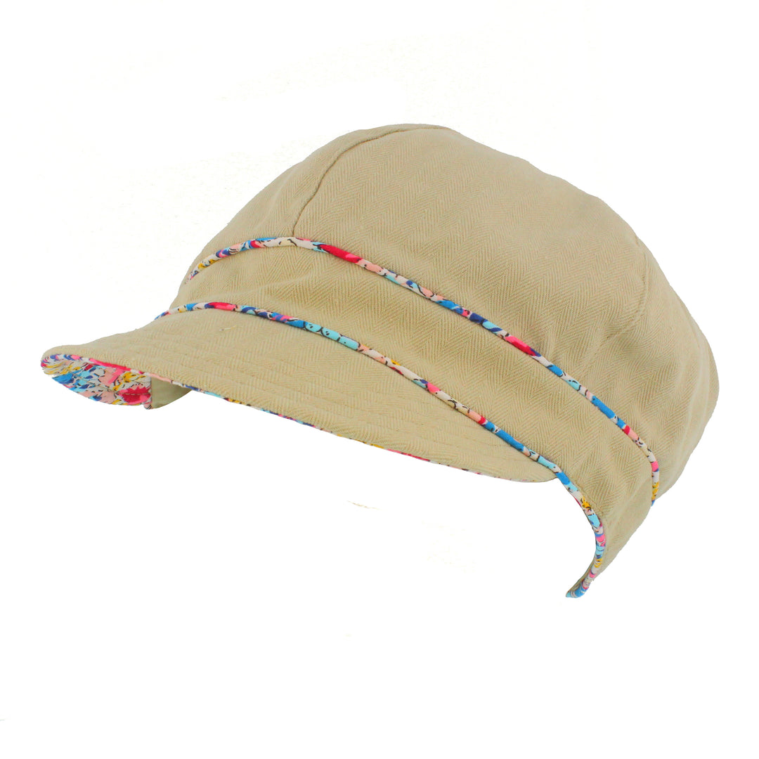 Ladies Cotton Sun Cap With Floral Printed Trim Navy or Stone