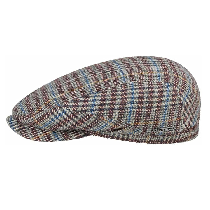 Stetson 100% Wool Check Flat Cap Blue-Bordeaux