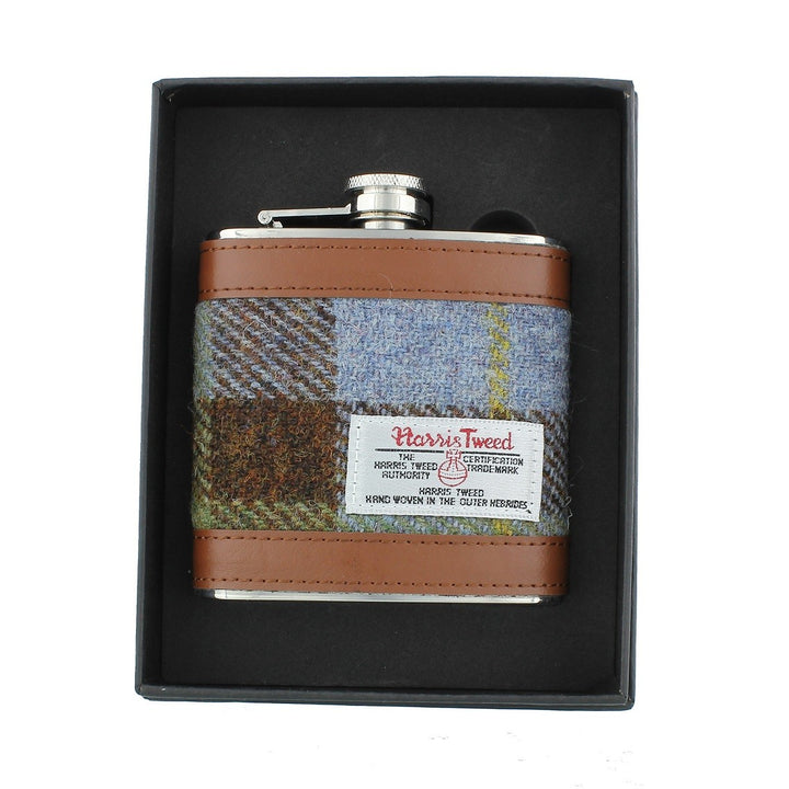 Glen Appin Harris Tweed Hip Flask - Brown/Blue Tweed
