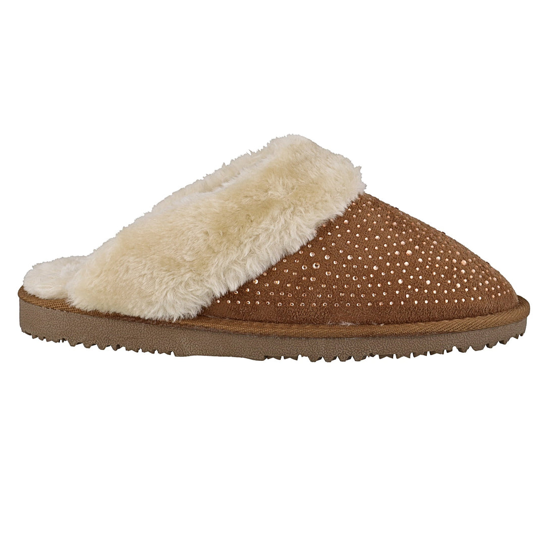 Embellished Top Fur Lined Memory Foam Mules Slippers In Chestnut