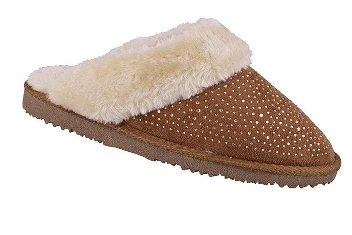 Embellished Top Fur Lined Memory Foam Mules Slippers In Chestnut