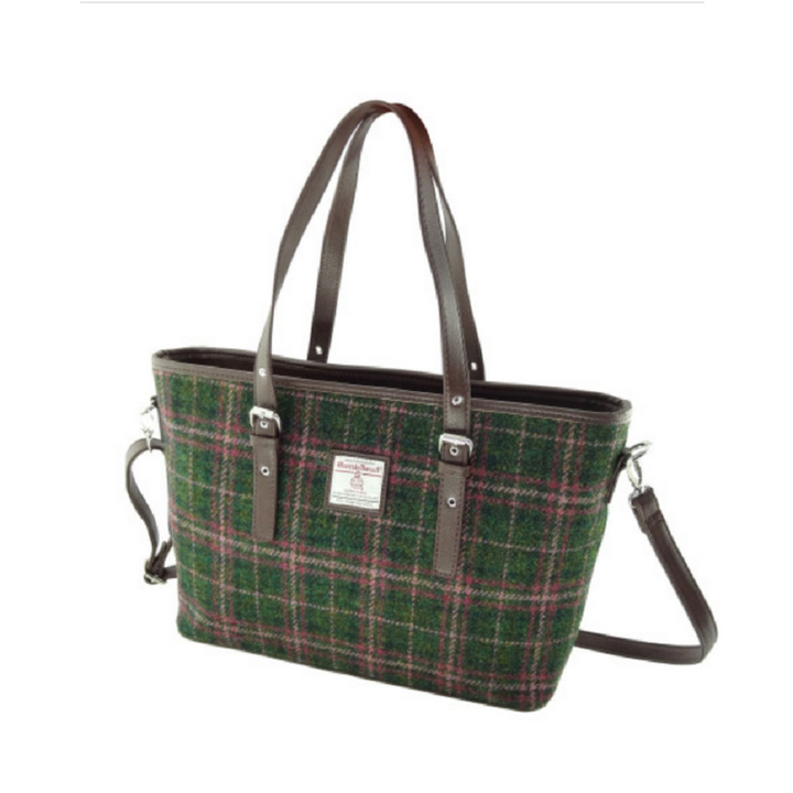Glen Appin Harris Tweed Classic Spey Tote Handbag Green/Plum Check