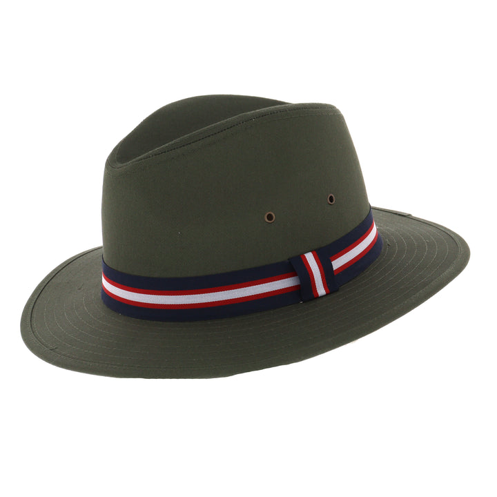 Khaki Cotton Fedora With Striped Band