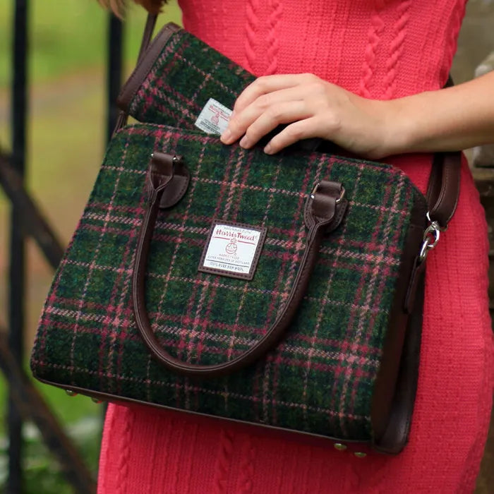 Glen Appin Harris Tweed Findhorn Tote Handbag Green/Plum Check