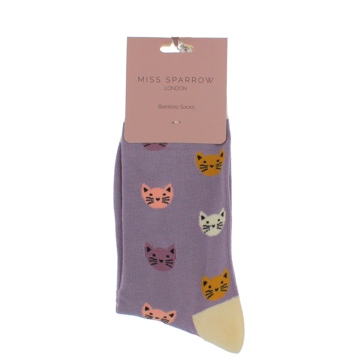 Miss Sparrow Bamboo Kitty Faces Socks (Lavender)