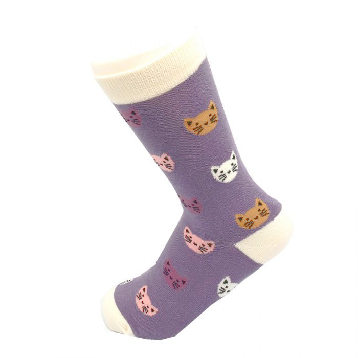 Miss Sparrow Bamboo Kitty Faces Socks (Lavender)