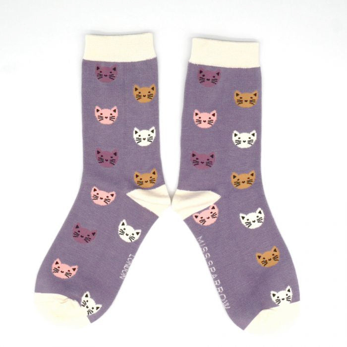 Miss Sparrow Bamboo Kitty Faces Socks (Lavender)