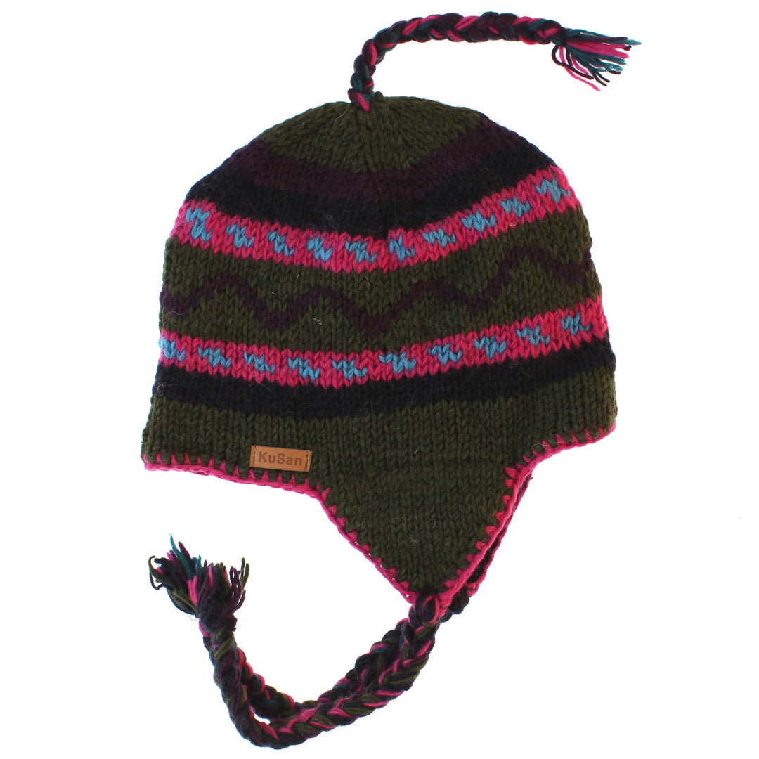Kusan Colourful Wool Trapper Hat With Plaits, Fleece Lined