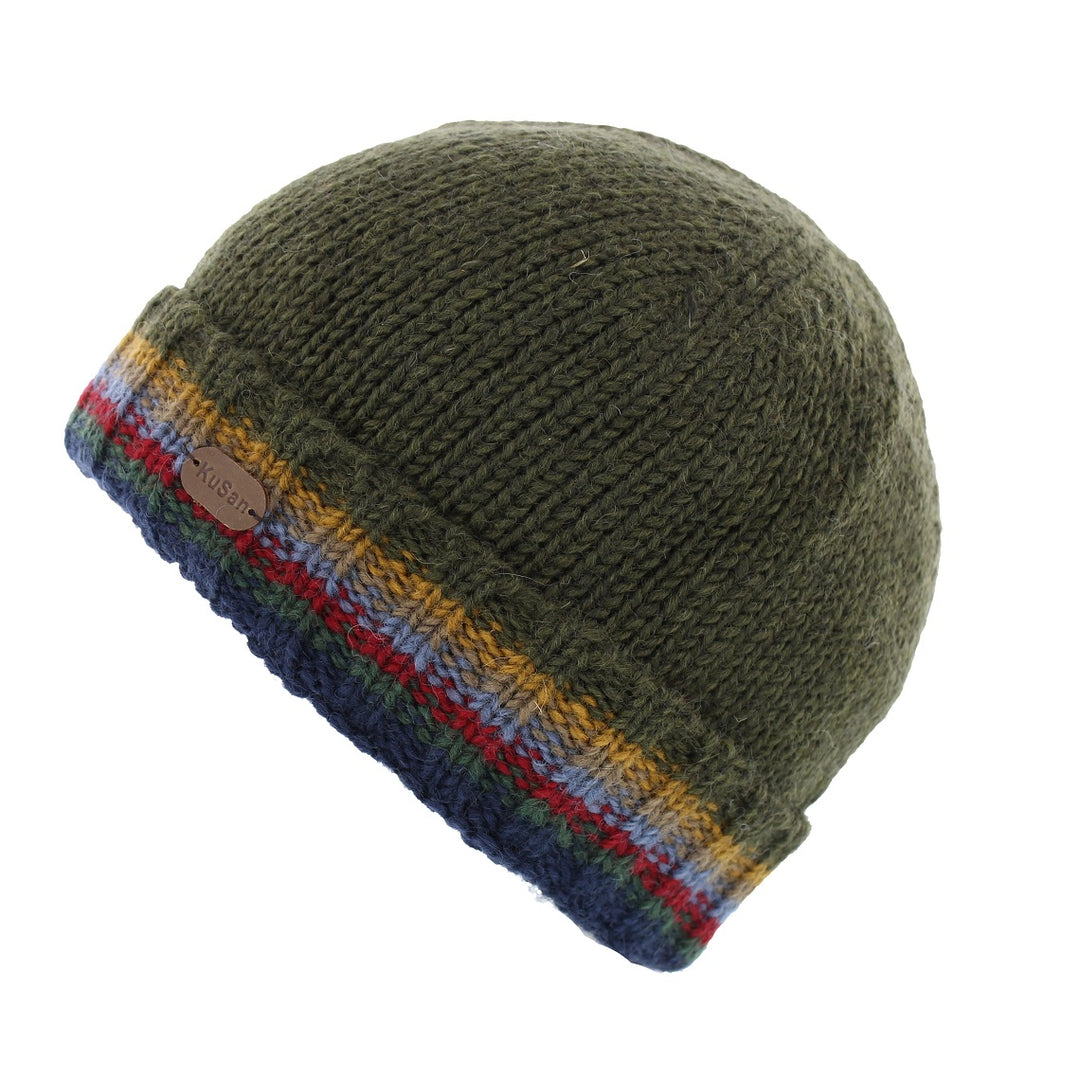 Kusan Wool Turn Up Beanie Hat Khaki