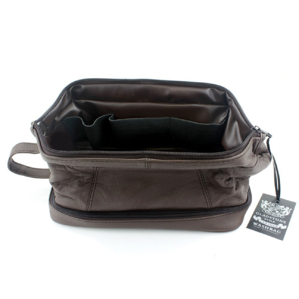 Gladstone Style Leather Washbag 2-Zip Compartments Brown
