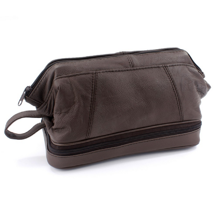 Gladstone Style Leather Washbag 2-Zip Compartments Brown